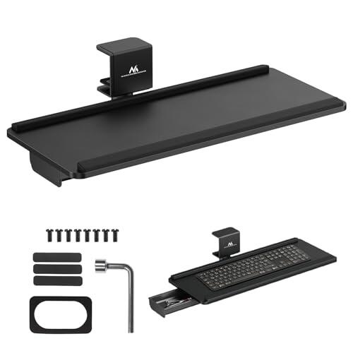 Maclean MC‑108 B Soporte para Teclado Debajo del Escritorio | Inclinación y Giro Ajustables + Reposamuñecas y Cajón | Montaje de Clip sin Taladrar | Escenario Ergonómico Compacto | Color Negro
