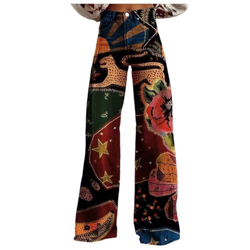 Generisch Pantalones vaqueros de mujer de pierna ancha, cintura alta, informales, estilo años 90, diseño floral, pantalones de moda cómodos, Vino, 4XL