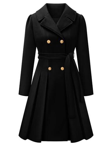 Vancavoo Abrigo Mujer Invierno Casual Abrigos con Cinturón Larga Térmico Abrigos Doble Botonadura Elegantes Coat con Cuello de Solapa Chaquet,Negro,L