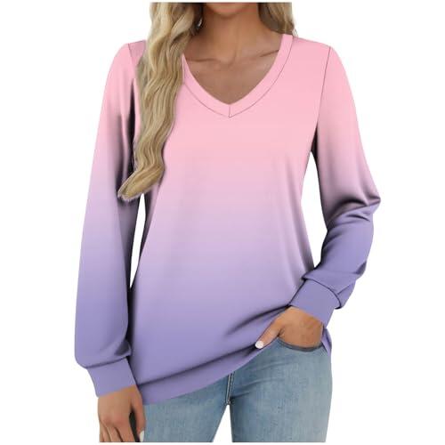 Camisetas holgadas con cuello en V para mujer, de manga larga, degradado, cómodas, tallas grandes, ropa deportiva, casual, para el trabajo, túnica holgada, 1 rosa., L