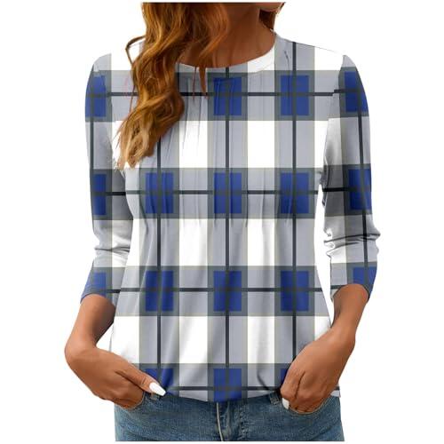 Camisetas de manga 3/4 a cuadros para mujer, camisetas plisadas en la parte delantera, túnica, sudaderas con estampado a cuadros, holgadas, talla grande, ropa activa, casual, trabajo, cuello redondo