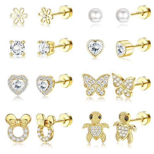 Adramata 8 Pares Pendientes de Plata de Ley 925 Niña Mujer Pendientes Hipoalergenicos Niña con Cierre de Tornillo Lindo Mariposa Flor Corazón Pendiente Oro Plata de Aretes