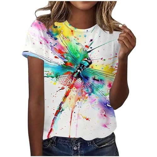 Camiseta de manga corta para mujer con estampado F, cuello redondo, manga corta, Rosa intenso., XL