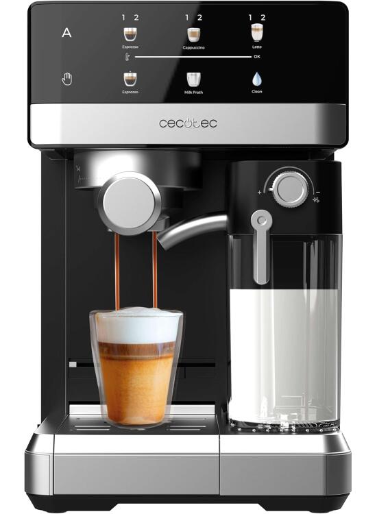 Cecotec Cafetera Express Power Espresso 20 Touch & Cream +. 1350W, 20Bares, Pantalla Táctil Recetario, Espumador, Thermoblock, Depósito Leche 500ml, Agua 1.8L, Autolimpieza, Accesorios