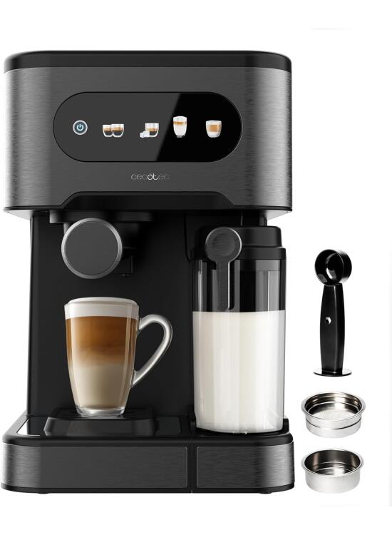 Cecotec Cafetera Express Power Espresso 20 ColdBrew Latte +. 1350W, 20Bares, ColdBrew, Pantalla Color Táctil, Depósito Agua 1.5L, 500ml Leche, Acero Oscuro, Calientatazas, Doble Brazo, Desmontable
