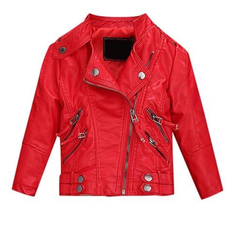Chaqueta de piel para niña, abrigo de moto para niños, chaqueta de piel sintética, chaqueta de moda para niñas, elegante y cómoda, rojo, 4-5 años