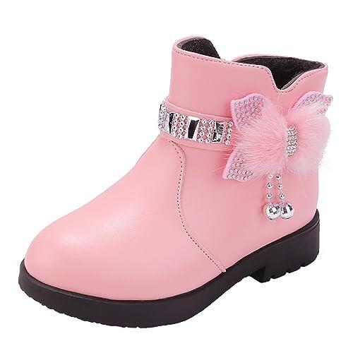 Generisch Botas de niña botas de cuero cálidas con lazo para bebé zapatos lindos para niños zapatos de tacón grueso botas cortas de algodón para niñas resistentes al invierno cómodos, Rosa., 31 EU