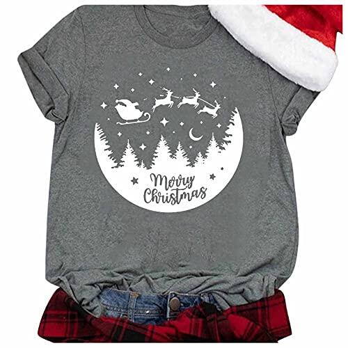 Camiseta de manga corta con cuello redondo, blusa suelta, informal, para mujer, de Navidad, estampado corto, blusa para mujer, camiseta sexy, gris, XXL