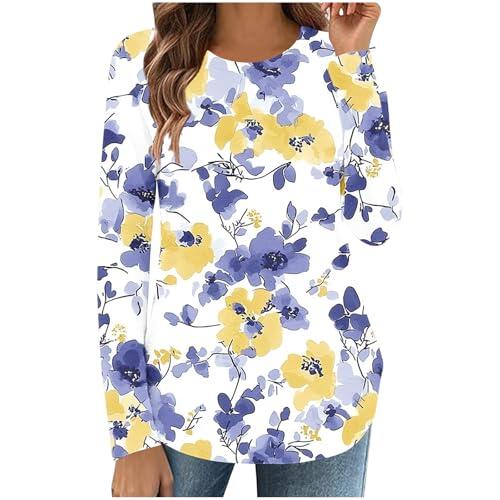 Camiseta de manga larga para mujer, cuello redondo, ajuste holgado, informal, con estampado floral vintage, talla grande, ropa activa, dobladillo curvado, túnica de trabajo, 2 amarillos., XXL