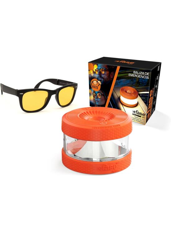 FASE - Baliza v16 Homologada DGT - Incluye Gafas de Conducción Nocturna - APP Incluida - Luz de Emergencia con Geolocalizador - Proporciona Geolocalización a la DGT - Color Naranja