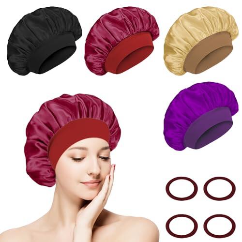 flintronic 4 Piezas Capó de Satén de Seda, Gorro de Seda para Dormir con Banda Ancha Elástica, para Dormir Pelo Rizado Mujeres y Chicas