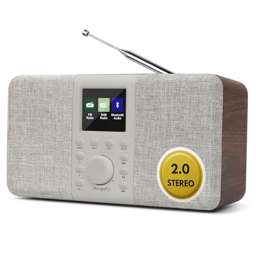 MangoKit MD5 Dab Estéreo con Altavoz Bluetooth,Digital Dab+,FM de Alimentada por Red y Batería,Pantalla a Color,40Estaciones Presintonizadas,Alarmas y Reloj,Snooze,Puerto de Auriculares-Nogal