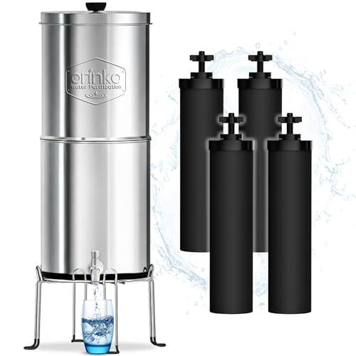 ORINKO Filtro de agua por gravedad 8,5 l con 4 cartuchos, purificador de agua con carbón activado, fuente filtrante para agua del grifo, agua de lluvia y más, filtración avanzada