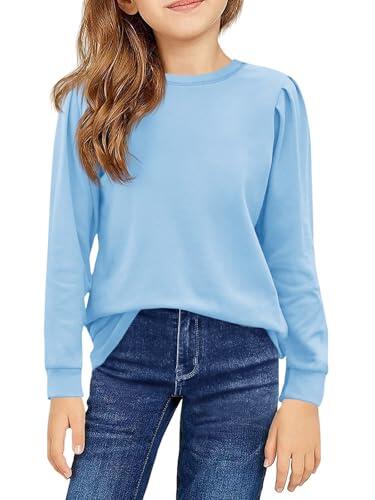 Haloumoning Camiseta de manga larga para niña, de algodón, cuello redondo, ligera, deportiva, de manga larga, básica, informal, azul celeste, 150