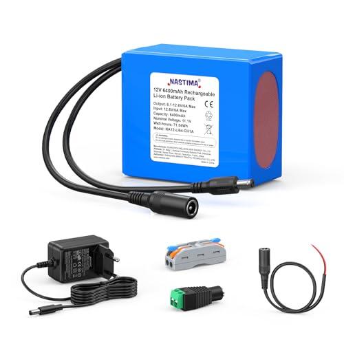 NASTIMA de 6400mAh y 71,04Wh 12V Batería Recargable de Iones de Litio Apta para Cámaras, Videocámaras, Reproductores MP3, Teclados Electrónicos, Cámaras CCTV, Routers, etc. Incluye Cargador y Conector