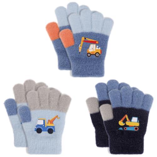 Guantes mágicos para niños QKURT, 3 pares de guantes elásticos de dedos completos, manoplas elásticas unisex para clima frío, patrón de excavadora para niños y niñas de 1 a 5 años