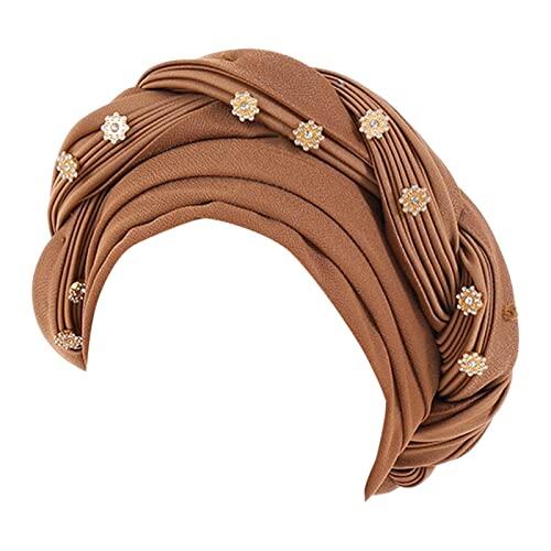 2025 - Gorro trenzado de perlas para mujer, gorro musulmán con volantes, gorro para dormir, con forro de satén, gorro para mujer, color rojo oscuro, caqui, Taille unique