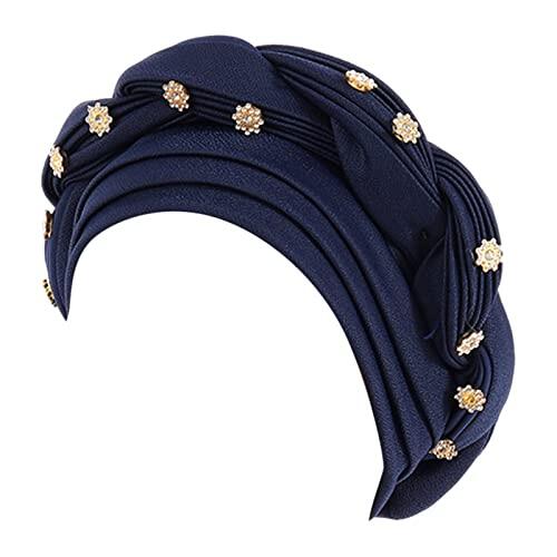 2025 - Gorro trenzado de perlas para mujer, gorro musulmán con volantes, gorro para dormir, con forro de satén, gorro para mujer, color rojo oscuro, azul marino, Taille unique