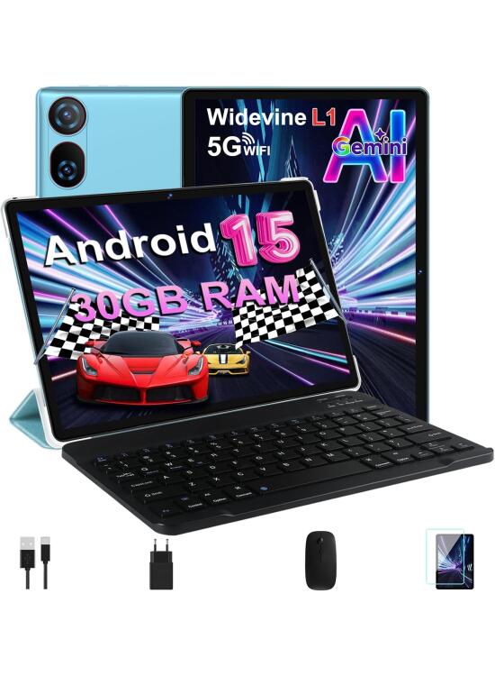 Tablet 10 Pulgadas Android 15 con Gemini AI, 30 GB RAM + 2 TB ROM Expansión, 5G WiFi, GPS, Widevine L1, Octa-Core, BT 5.0, 6000mAh, USB-C, FHD Tablet con Teclado+ Ratón + Funda, Azul