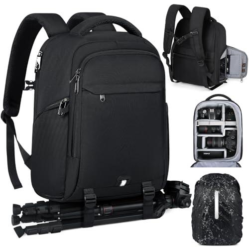 RAINSMORE Mochila para Cámaras de Fotógrafos Mochila Fotografia Profesional para Portátil 14 Pulgadas, Camera Bag con Funda Impermeable para DSLR Canon Nikon Sony Negro