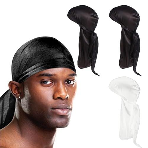CBMZHF 3 piezas de gorra Durag de satén sedoso con cola larga para ondas 360 y rizos - Sombrero cómodo para hombres y mujeres (Negro, Blanco)