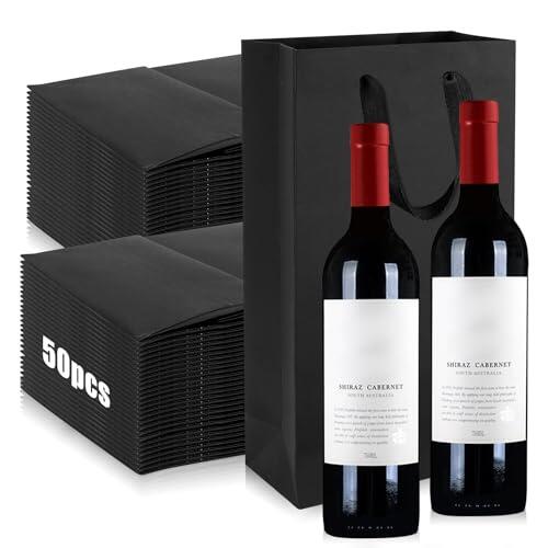 50 Bolsas de Papel Kraft para Regalos de Vino para 2 Botellas de Vino, SHAIDOJIO Bolsa de Regalo de Vinos Negro a Granel, Bolsas de Regalo con Asa y Separador de Botellas para Fiesta Bodas Navidad