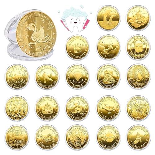 Zyluniy Monedas de hada de los dientes, 20 piezas Hada de Dientes Monedas de Oro, diferentes diseños Regalos del Hadas de los Dientes para niñas y niños