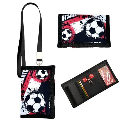 SIRLOMU Cartera Niño Triple Plegado con Llavero, Monedero Niño y Cartera Juvenil para Colgar al Cuello con Mosquetón, Regalo Escolar para Niños y Niñas, Diseño de Fútbol (Rojo)