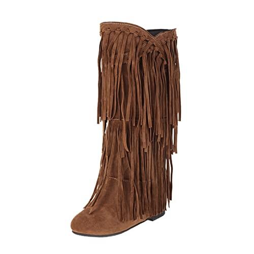 Generisch Botines para mujer, de ante y vaquero, clásicos, para verano, botas occidentales, elegantes, con flecos, botas de invierno, amarillo, 40 EU
