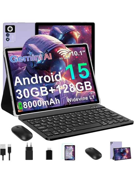 ZIOVO Android 15 Tablet 10 Pulgadas, 30GB RAM+128GB ROM (TF 1TB), Octa-Core Tablets, Widevine L1/GMS/5G WiFi/8000mAh/Gemini AI/Cuerpo Metálico/BT 5.0/8+5MP, 2 en 1 Tablet con Teclado y Ratón- Violeta
