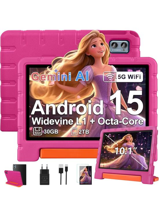 ZIOVO Tablet para Niños 10 Pulgadas Android 15 Tablets con 30GB RAM + TF 2TB, 5G WiFi, Gemini AI, Octa-Core, Widevine L1, Control Parental, iWAWA, GPS, BT 5.0, GMS Certificada Tablet con EVA Caso-Rosa