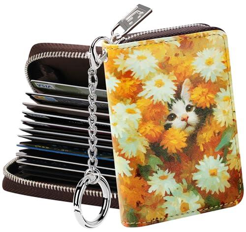 FurArt Cartera con cremallera para mujer, cartera para tarjetas de crédito con bloqueo RFID, soporte para tarjetas de visita, cartera de llavero de tamaño compacto, Margaritas y gato, S