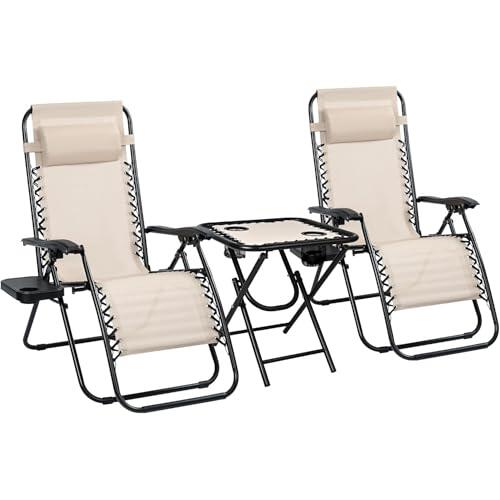 BEST&FREE Tumbona Plegable Resistente a la Intemperie. Set de Tumbonas Plegables con Mesa, Reposacabezas y Portavasos. Hamaca Relax para Jardín, Terraza y Piscina (2 Beige + Mesa)