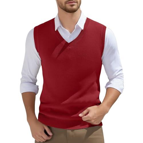 2026 - Chaleco de punto sin mangas para hombre con cuello en v de color sólido primavera de punto para hombre hermosos tops de hombre, rojo, L