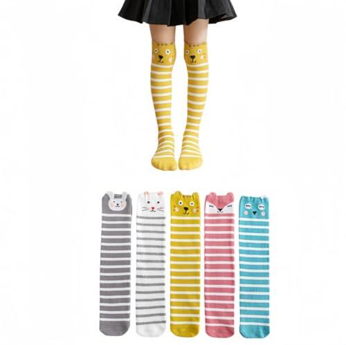 ANNIUP 5 pares niños niñas hasta la rodilla,Medias por encima de la rodilla calcetines largos a rayas para niños calcetines de algodón animales,Calcetines coloridos sin costura hasta la rodilla