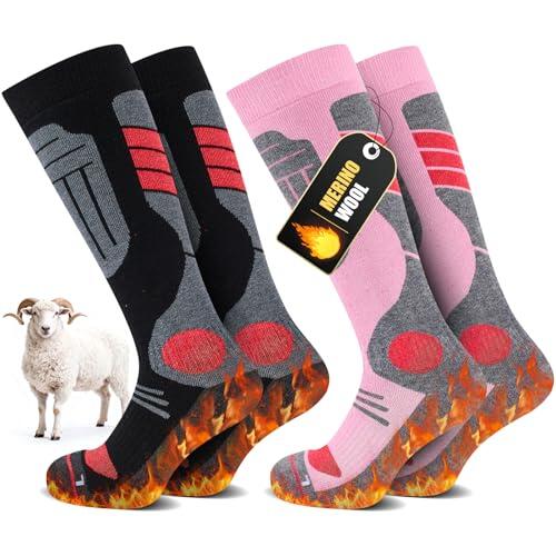SukModen 2 Pares Calcetines Esquí Lana Merino Para Damas y Caballeros, Lana Cálida Térmicos Calcetines De Invierno Gruesos Para Clima Frío, Nieve, Esquí, Snowboard, Caza, Senderismo​