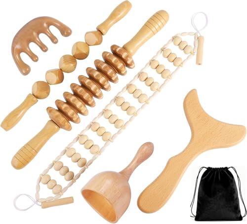 Set de 6 Kit Maderoterapia Corporal, Tratamiento completo de maderoterapia corporal celulitis, rodillo Gua Sha, rodillo de fascia, herramientas de esculpir el cuerpo para dar forma al cuerpo