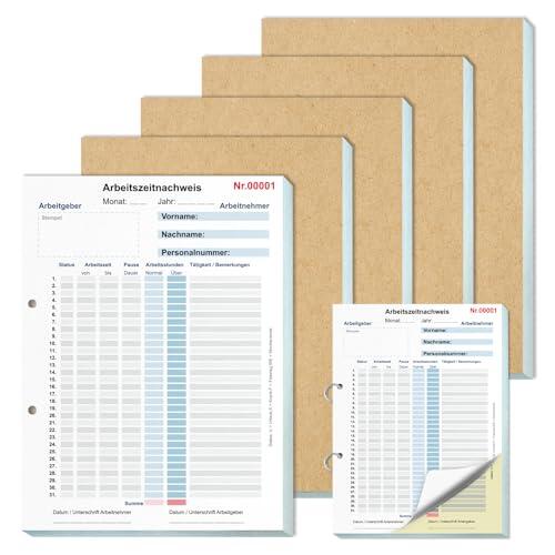 5 libros de horas para el trabajo, A4, cuaderno de hojas de tiempo para 31 días, parte de horas, mensual con cartón, registro de horas para minitrabajo, tiempo completo, 2 x 50 hojas, color blanco y