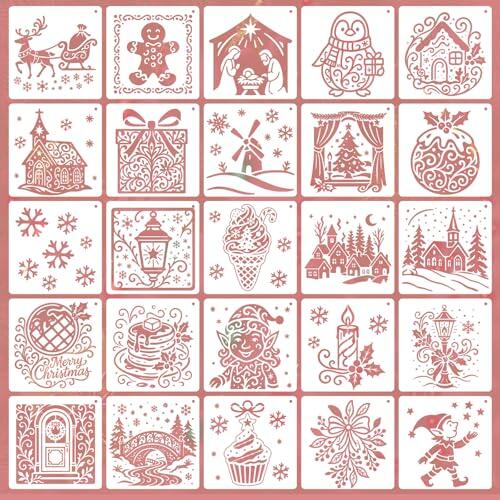Doyomtoy Juego de 25 hojas para colorear de Navidad, incluidas plantillas de Navidad reutilizables, adecuadas para decoraciones y manualidades.
