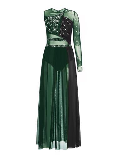 RUNQHUI - Vestido de baile latino para mujer, para tango, salsa, vals, con strass asimétrico de una sola hombro, verde y negro, M