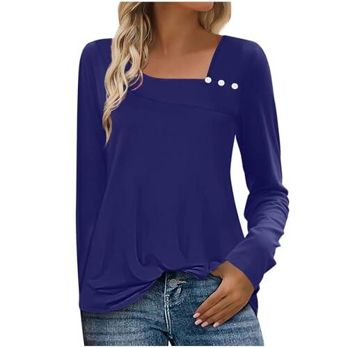 Camisetas para mujer con cuello inclinado, sudaderas con botones para mujer, de manga larga, suaves, blusas con cuello en V, para otoño, ropa deportiva, 1 azul., M