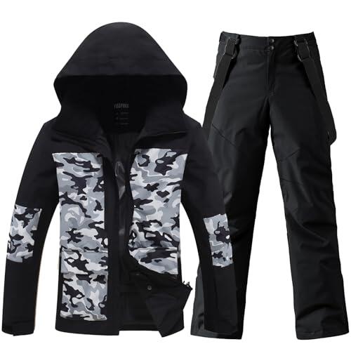 HOTIAN Conjunto de chaqueta y pantalones de esquí para hombre, transpirable, traje de esquí impermeable, resistente al viento, traje de nieve con capucha desmontable, MC+BK, L