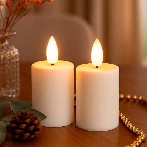 Ideen mit Herz 2 velas LED con revestimiento de cera auténtica, crema, Navidad, blanco cálido, efecto de llama realista, función temporizador, funciona con pilas (lisas)
