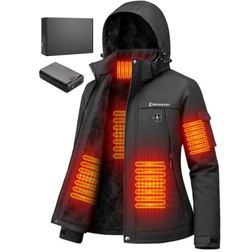 Brimekey Chaqueta Calefactable de Esquí Mujer con Capucha, Impermeable y Cortaviento, Forro Polar, Batería 20000mAh, 6 Zonas de Calefacción, 3 Niveles de Temperatura para Esquí y Senderismo(Negro)