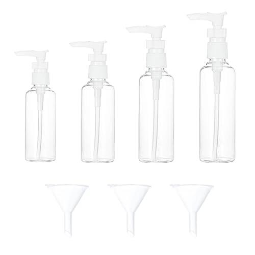 Dispensador de crema de 4 piezas (30 ml, 50 ml, 80 ml, 100 ml), transparente, sin aire, rellenable, con 3 embudos, para cosméticos, lociones, productos de baño y champú líquido.