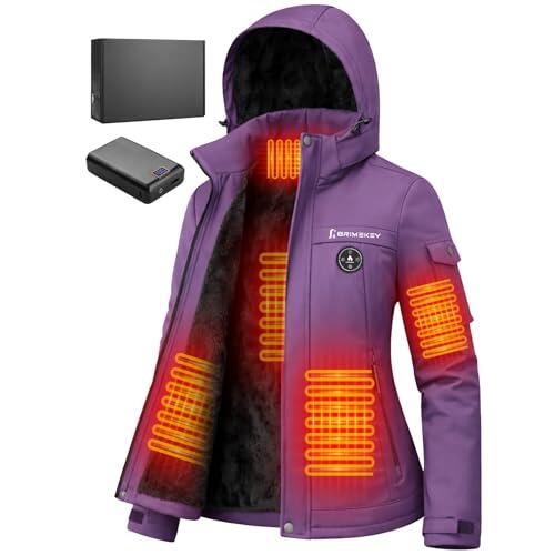 Brimekey Chaqueta Calefactable de Esquí Mujer con Capucha, Impermeable y Cortaviento, Forro Polar, Batería 20000mAh, 6 Zonas de Calefacción, 3 Niveles de Temperatura para Esquí y Senderismo(Morado)