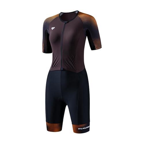 MY KILOMETRE Traje de Triatlón para Mujer Manga Corta – Trisuit con Cremallera Completa y 2 Bolsillos Traseros Reflectantes Secado Rápido UPF50+ Trasero para Natación, Ciclismo y Carrera(Morado L)
