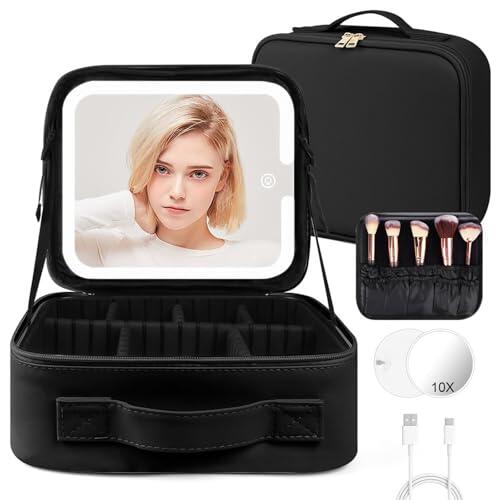 OSDUE Estuches de Maquillaje con Espejo Iluminado, PU Impermeable Maquillaje, Recargable Espejo LED (3 Colores y Regulación Continua) Profesional Neceseres de Viaje, EVA Compartimentos Ajustables Nero