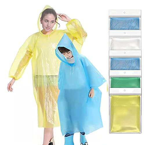 Ponchos Family Pack - Poncho de lluvia para adultos y 5 unidades desechables o reutilizables de emergencia con capucha con cordón, ligero, portátil, viajes, camping, parques temáticos, conciertos