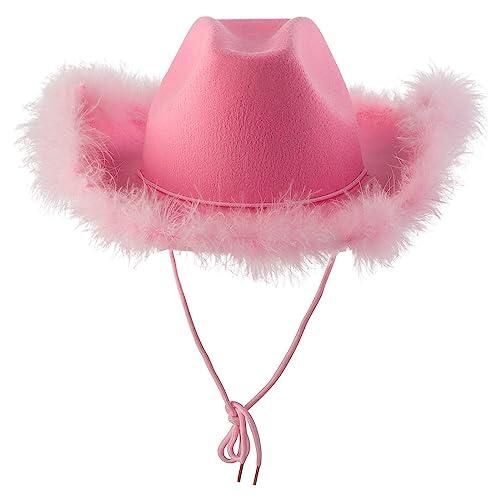 Generisch 2025 Sombrero rosa con pluma, borde de plumas esponjoso, talla adulta, sombrero de vaquero con plumas para fiesta de disfraces, trajes de vestir para mujeres, gorros para mujer, Rosa., talla